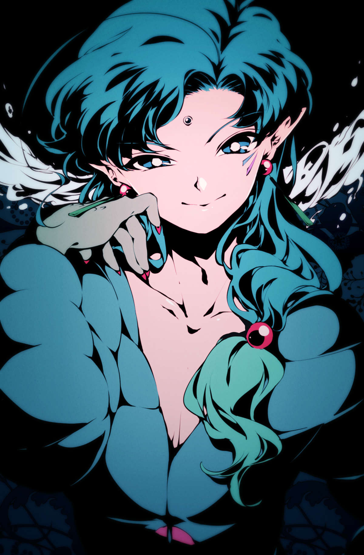 1boy adam's_apple androgynous bangs beads bishoujo_senshi_sailor_moon black_background blue_eyes blue_hair blue_theme closed_mouth collarbone colored_skin dossei earrings facial_mark fingernails fish_eye_(sailor_moon) forehead_jewel gradient_hair green_hair grey_skin hair_bobbles hair_ornament hand_up highres jewelry long_fingernails long_hair long_sleeves looking_at_viewer male_focus multicolored_hair multicolored_skin pectoral_cleavage pectorals pointy_ears red_nails sharp_fingernails smile solo streaked_hair uneven_eyes upper_body water