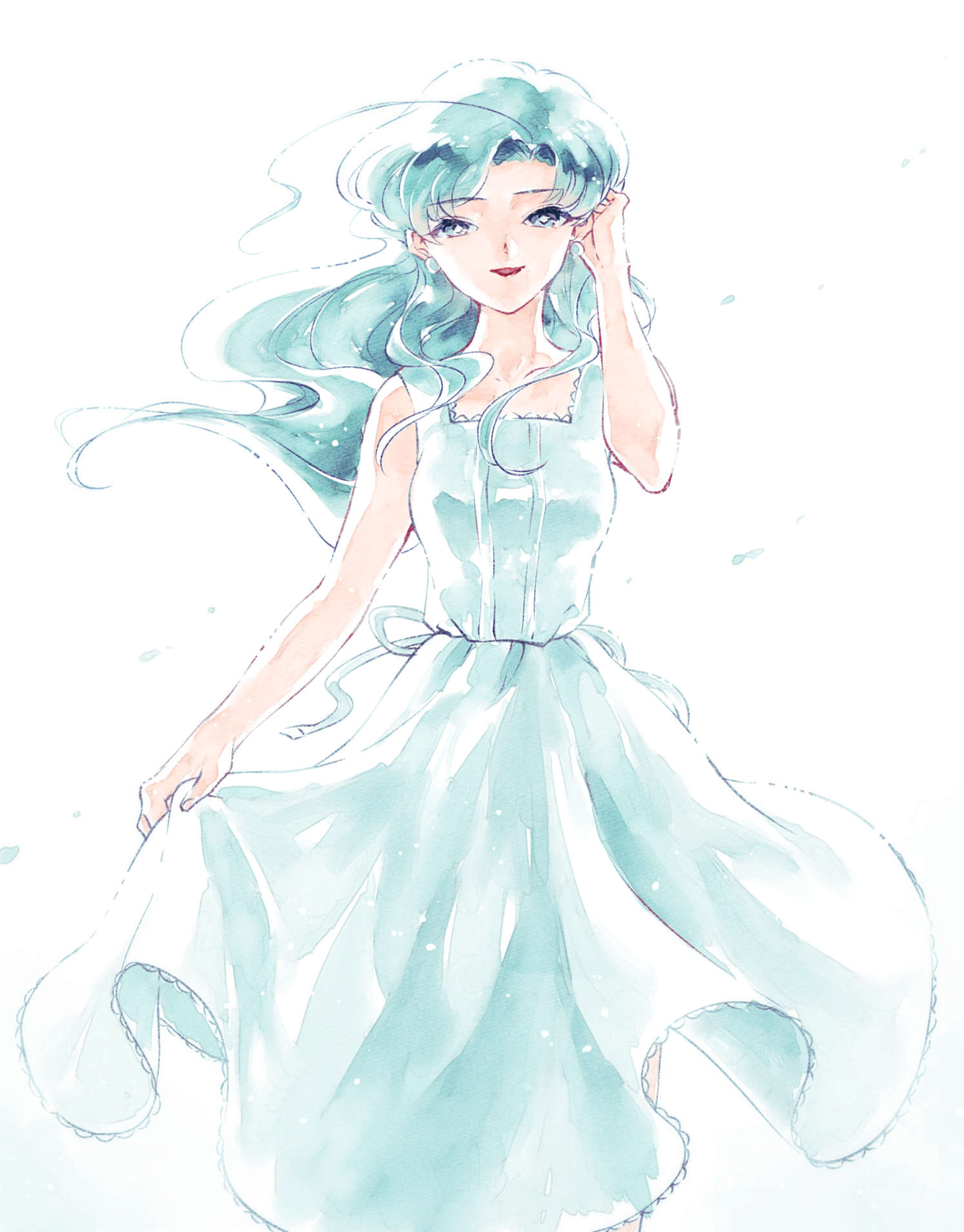 1girl aqua_dress aqua_eyes aqua_hair bangs bare_arms bare_shoulders bishoujo_senshi_sailor_moon breasts dossei dress earrings feet_out_of_frame fish_eye_(sailor_moon) floating_clothes floating_hair genderswap genderswap_(mtf) hair_tucking half-closed_eyes hand_up highres jewelry lipstick long_hair looking_at_viewer makeup parted_bangs parted_lips red_lips ribbon simple_background skirt_hold sleeveless sleeveless_dress solo white_background wind