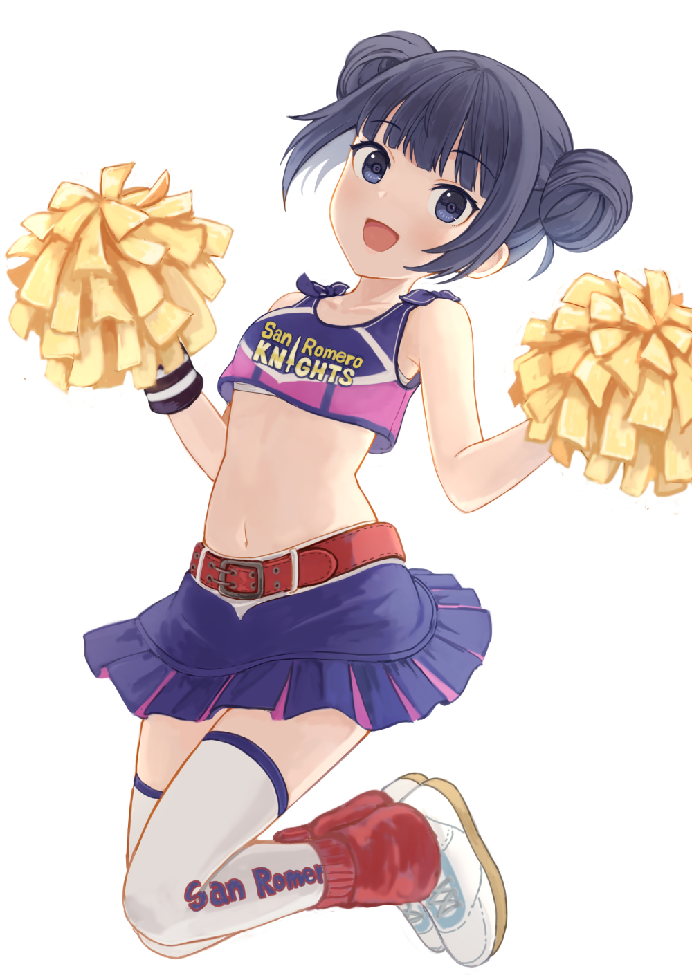 1girl bangs belt belted_skirt black_hair blue_eyes blue_shirt blue_skirt bra bra_peek breasts character_request cheerleader commentary_request copyright_request double_bun hair_bun hands_up highres jumping leg_warmers legs looking_at_viewer midair multicolored_clothes navel oekakibanbi open_mouth pom_pom_(cheerleading) print_legwear print_tank_top red_belt shirt shoes skirt small_breasts smile sneakers solo stomach tank_top thigh-highs thighs underwear white_bra white_footwear white_thighhighs wristband