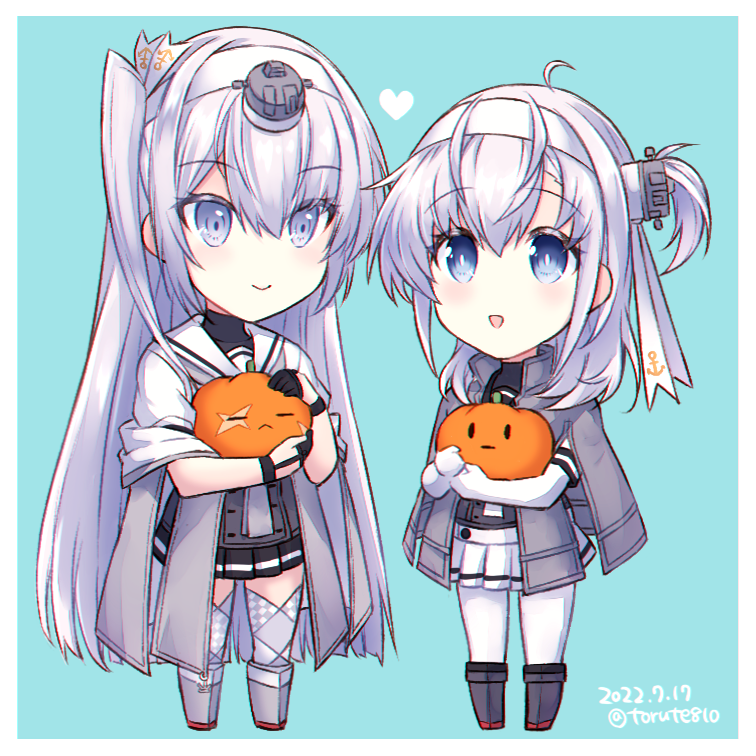 2girls anchor_symbol bangs black_gloves black_skirt blue_eyes bodysuit chibi commentary_request dated fuyutsuki_(kancolle) gloves grey_hair grey_thighhighs hachimaki hair_between_eyes headband headgear heart holding jack-o'-lantern kabocha_torute kantai_collection long_hair miniskirt multiple_girls parted_lips partially_fingerless_gloves pleated_skirt pumpkin sailor_collar simple_background skirt smile standing suzutsuki_(kancolle) thigh-highs twitter_username very_long_hair white_bodysuit white_headband white_sailor_collar white_skirt