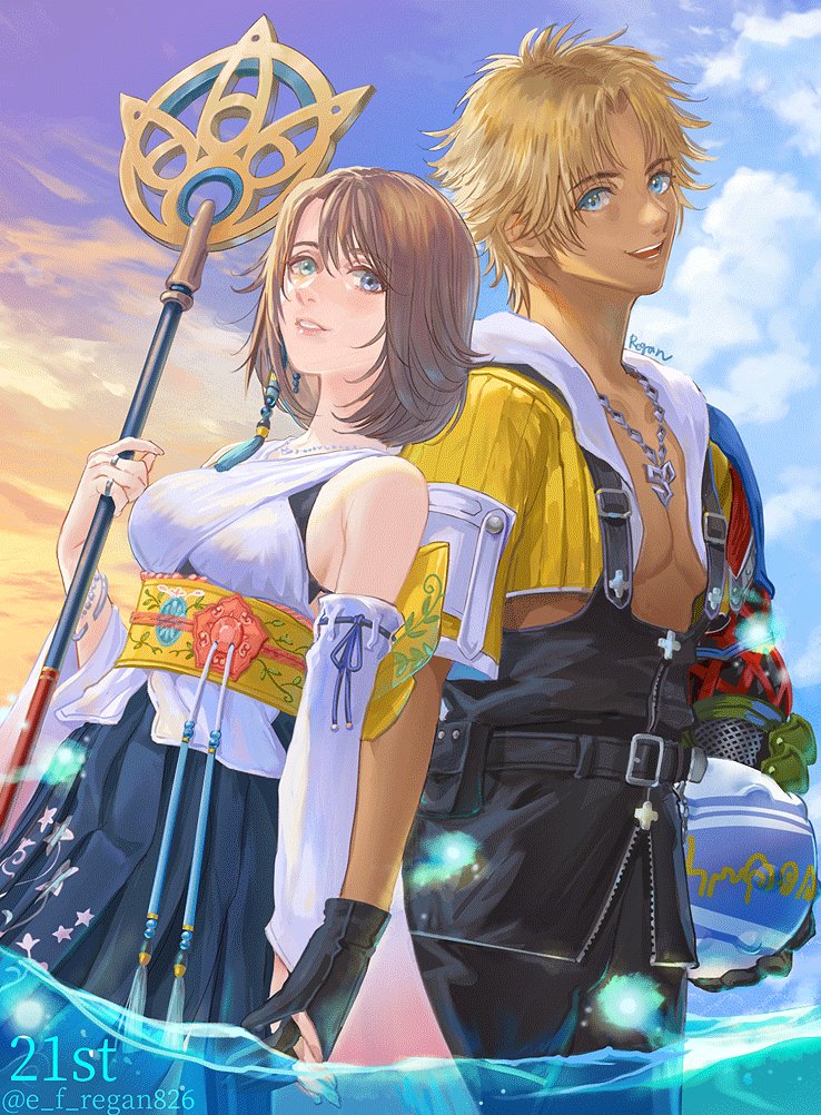 1boy 1girl ball black_gloves blitzball blonde_hair blue_eyes blue_sky brown_hair crop_top detached_sleeves final_fantasy final_fantasy_x floral_print gloves hakama hakama_skirt heterochromia holding holding_staff japanese_clothes jewelry obi parted_lips regan_(hatsumi) ring sash skirt sky smile staff tidus water yuna_(ff10)