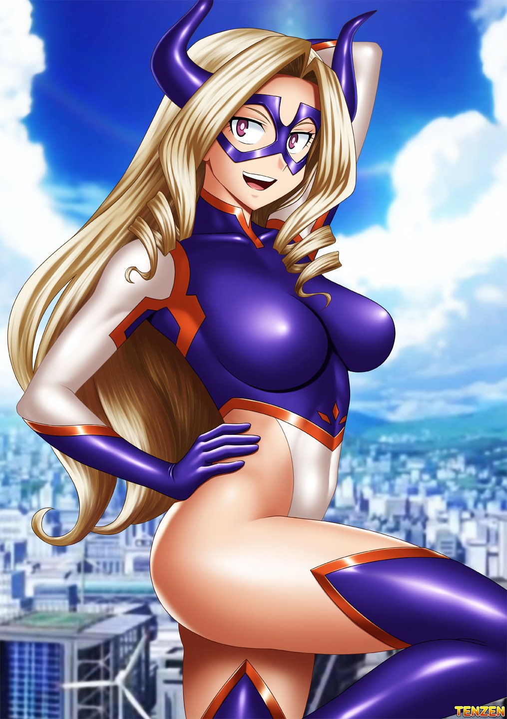 1girl blonde_hair boku_no_hero_academia breasts city from_behind hand_on_hip highleg highleg_leotard large_breasts long_hair mask mount_lady one_arm_up one_leg_raised ribs smile teeth tenzen_(netspike) thigh-highs very_long_hair violet_eyes