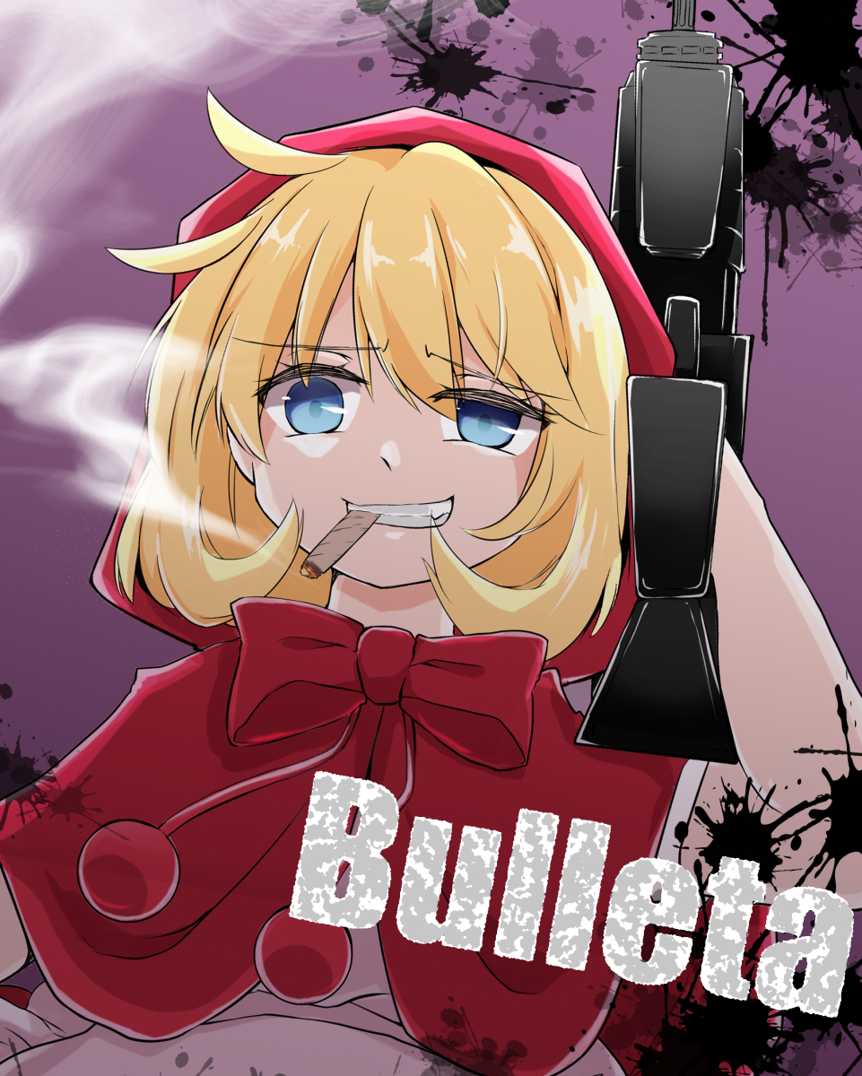 1girl blonde_hair blue_eyes bulleta capelet cigarette commentary_request highres holding holding_weapon looking_at_viewer medium_hair red_capelet red_hood smoking solo upper_body vampire_(game) weapon yamamori_uniko