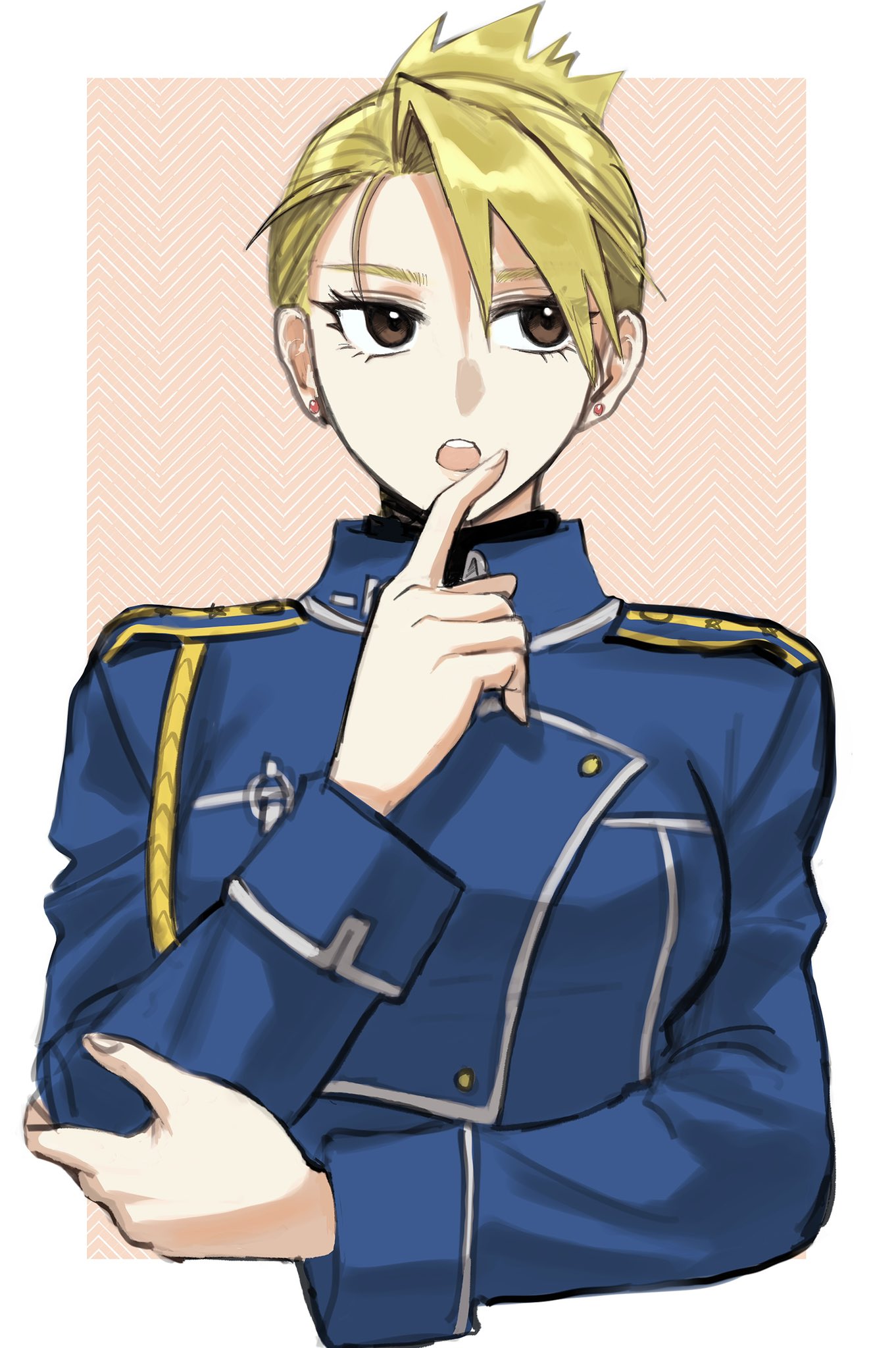 1girl amestris_military_uniform blonde_hair brown_eyes cropped_torso earrings finger_to_mouth fullmetal_alchemist highres jewelry long_sleeves looking_to_the_side military military_uniform open_mouth ozaki_(tsukiko3) riza_hawkeye short_hair simple_background solo thinking uniform upper_body