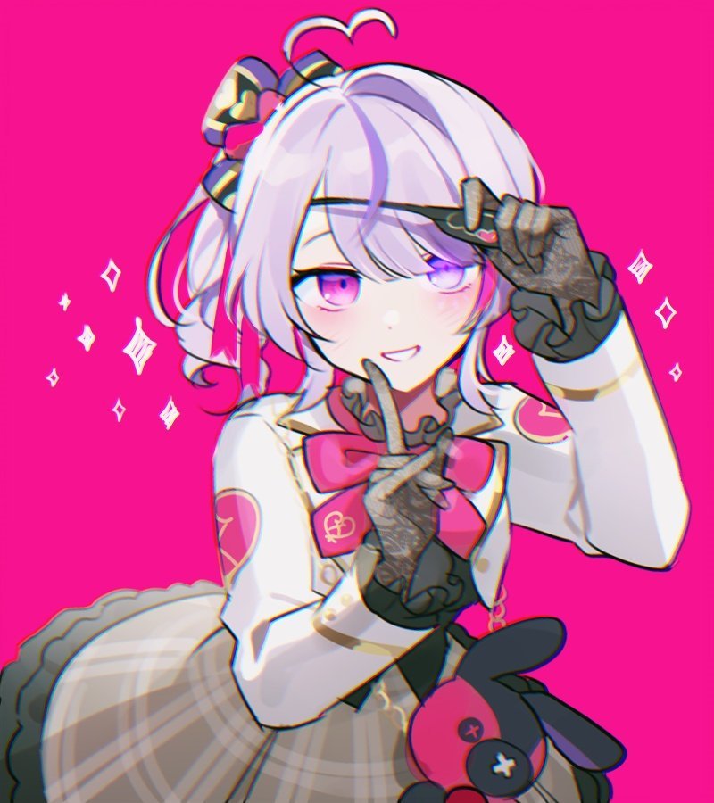 1girl :d ahoge bangs blush bow bowtie eyepatch eyepatch_lift finger_to_mouth gloves hair_between_eyes hair_ornament hands_up heart heart_ahoge heterochromia jacket lace lace_gloves light_purple_hair long_sleeves looking_at_viewer maria_marionette multicolored_hair nijisanji nijisanji_en pink_background pink_bow plaid plaid_skirt pleated_skirt simple_background skirt smile solo streaked_hair stuffed_animal stuffed_toy two-tone_hair violet_eyes virtual_youtuber waka_(wk4444)