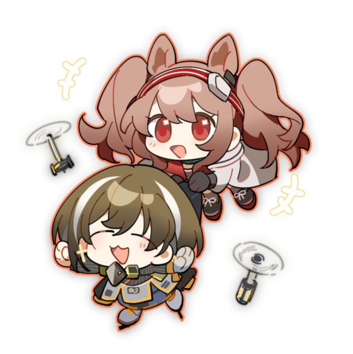 +++ 2girls :3 ^_^ angelina_(arknights) animal_ears arknights baiwei_er_hao_ji black_collar black_footwear black_gloves black_socks black_sweater brown_hair chibi closed_eyes collar drone extra_ears fox_ears fox_girl gloves hairband ice_skates infection_monitor_(arknights) jacket magallan_(arknights) mask mask_around_neck multicolored_hair multiple_girls open_mouth red_eyes red_hairband rhine_lab_logo shoes sidelocks simple_background single_glove skates socks streaked_hair striped striped_hairband sweater twintails white_background white_gloves white_hair white_jacket