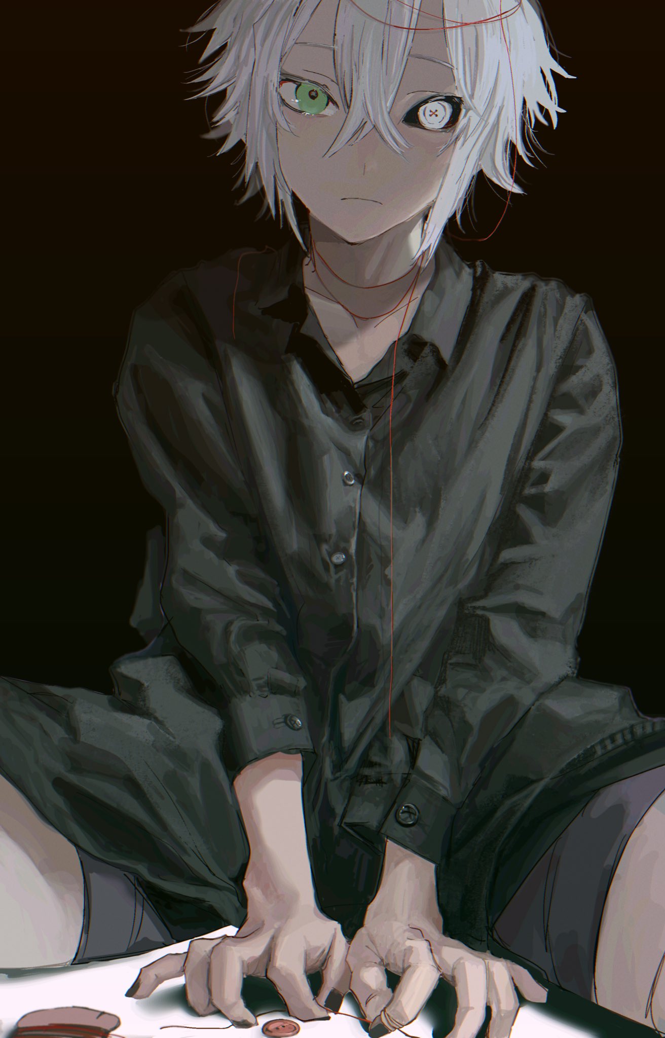 1boy black_nails black_sclera black_shirt button_eyes buttons closed_mouth collared_shirt colored_sclera commentary cowboy_shot dress_shirt frown green_eyes grey_hair grey_shorts hair_between_eyes hands_on_ground hetero heterochromia highres long_sleeves looking_at_viewer male_focus mismatched_pupils mismatched_sclera muno_(yadu_nadu) original shirt short_hair shorts simple_background sitting solo spool spread_legs string symbol-only_commentary symbol-shaped_pupils thread v_arms x-shaped_pupils yadu_nadu