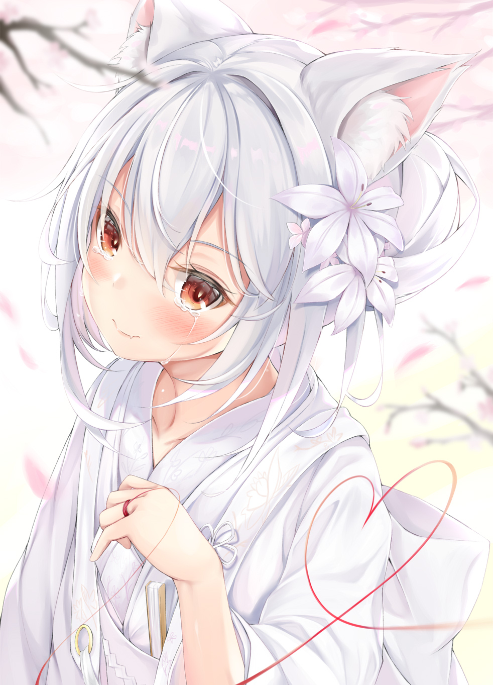 1girl animal_ears azur_lane blurry blush cat_ears cat_girl collarbone crying crying_with_eyes_open depth_of_field flower from_above hair_bun hair_flower hair_ornament happy highres japanese_clothes kimono kokuto_(kurousagi1210) long_hair looking_at_viewer looking_up obi official_alternate_costume orange_eyes sash smile solo streaming_tears string string_of_fate tears uchikake white_hair yukikaze_(azur_lane) yukikaze_(the_warmth_of_spring)_(azur_lane)