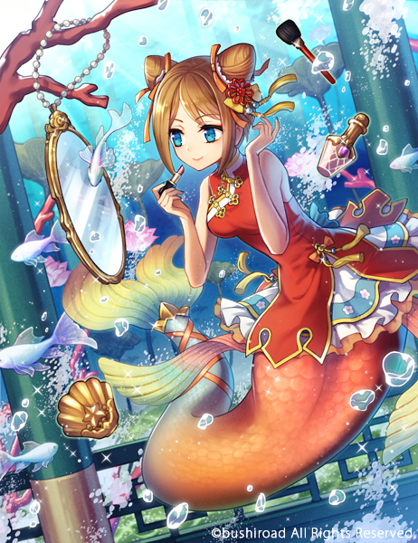 1girl animal applying_makeup architecture bangs blue_eyes blush bottle brown_hair bubble bushiroad cardfight!!_vanguard character_request china_dress chinese_clothes company_name cone_hair_bun copyright coral cosmetics double_bun dress east_asian_architecture fins fish flower gem hair_bun hair_ornament hair_ribbon holding holding_lipstick_tube layered_dress light_rays lipstick lipstick_tube looking_at_mirror lotus makeup makeup_brush mermaid mirror monster_girl official_art pearl_(gemstone) perfume_bottle railing ribbon ronce seashell shell sleeveless sleeveless_dress smile solo tail tail_ornament tail_ribbon underwater
