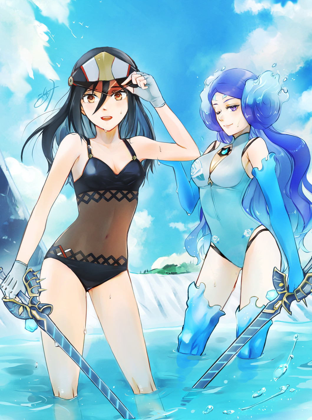 2girls artist_request bangs bare_shoulders black_hair black_swimsuit blue_eyes blush breasts brighid_(water_lily)_(xenoblade) brighid_(xenoblade) brown_eyes closed_eyes collarbone fingerless_gloves fire gloves hat highres large_breasts long_hair looking_at_viewer military morag_ladair_(obligatory_leave)_(xenoblade) morag_ladair_(xenoblade) multiple_girls navel one-piece_swimsuit one_eye_closed purple_hair short_hair small_breasts smile swimsuit white_gloves xenoblade_chronicles_(series) xenoblade_chronicles_2