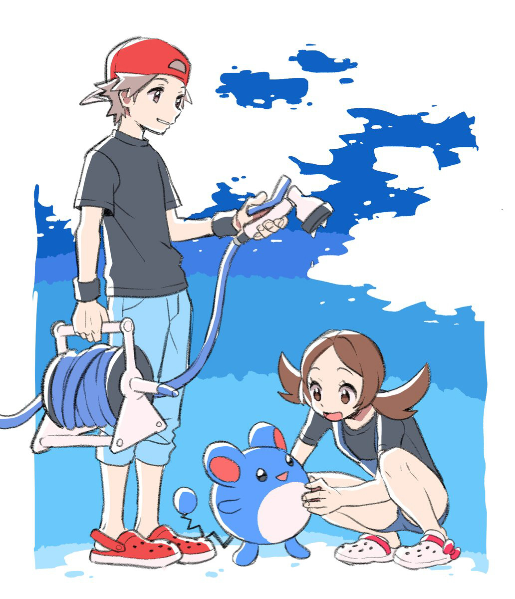 1boy 1girl alternate_costume backwards_hat blue_pants border brown_eyes clogs commentary_request eyelashes hat highres holding hose knees looking_down lyra_(pokemon) marill open_mouth pants pokemon pokemon_(creature) pokemon_(game) pokemon_frlg pokemon_hgss pumpkinpan red_(pokemon) red_footwear red_headwear shirt short_sleeves smile squatting standing t-shirt white_border wristband