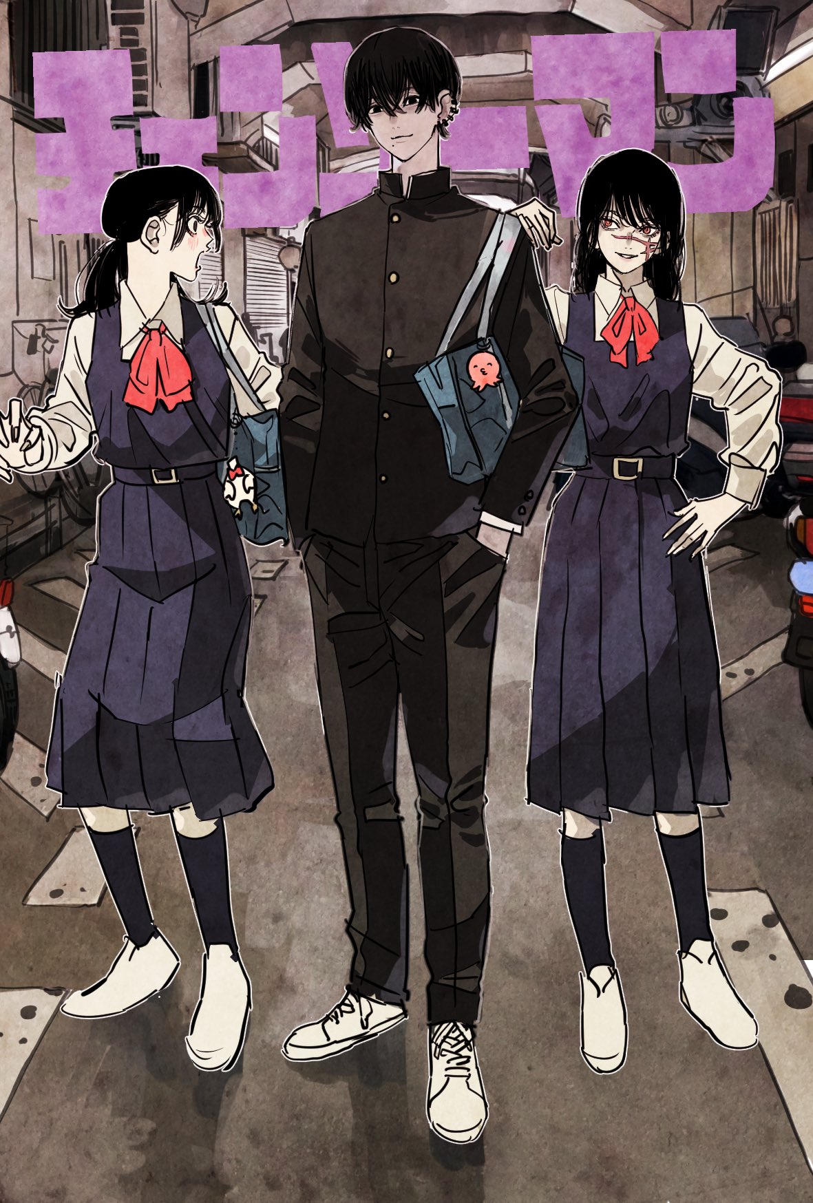 1boy 2girls bag black_eyes black_hair black_pants black_shirt black_socks blue_skirt blush breasts bucky_(chainsaw_man) chainsaw_man closed_mouth collared_shirt commentary copyright_name cross-laced_footwear dress_shirt ear_piercing full_body gakuran grin hand_on_another's_shoulder hand_on_hip hands_in_pockets highres keychain long_hair long_skirt long_sleeves looking_at_viewer mitaka_asa mole mole_under_mouth multiple_girls neck_ribbon open_mouth orange_eyes pants parted_lips piercing pleated_skirt ponytail red_ribbon ribbon ringed_eyes ryosuketarou scar scar_on_face school_bag school_uniform shirt shoes short_hair skirt skirt_set small_breasts smile sneakers socks standing surprised war_devil_(chainsaw_man) white_footwear white_shirt wing_collar yoshida_hirofumi