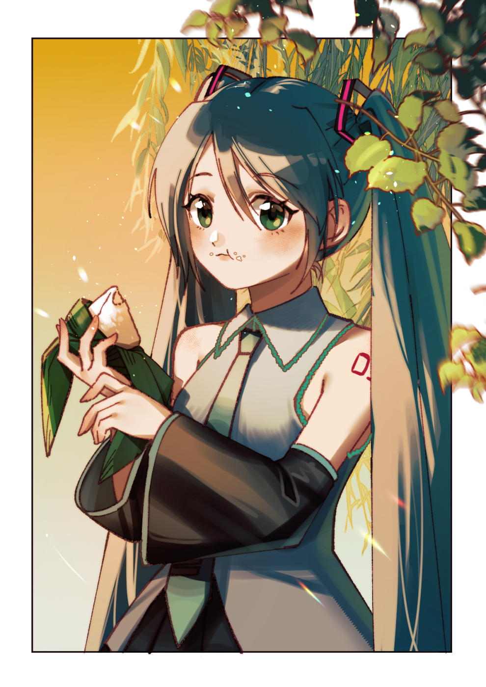 1girl aqua_hair bare_shoulders border careful_x crumbs detached_sleeves dragon_boat_festival eating food food_on_face gradient gradient_background green_eyes hair_ornament hatsune_miku highres holding holding_food leaf long_hair looking_at_viewer necktie orange_background simple_background solo twintails vocaloid zongzi