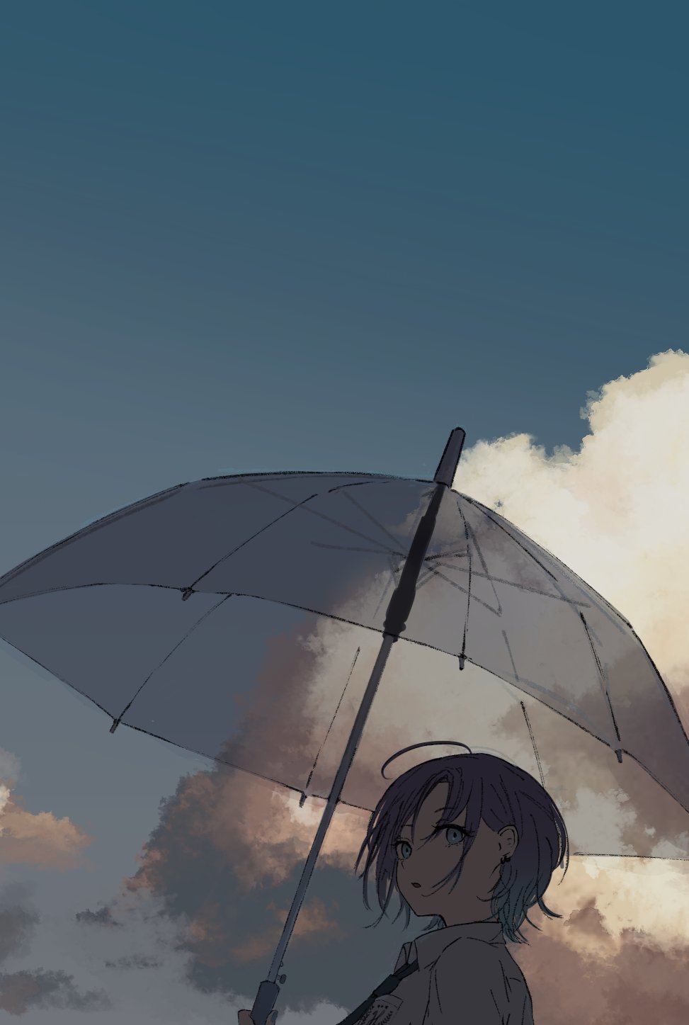 1girl ahoge asakura_toru bangs blue_eyes blue_hair blue_sky breast_pocket brown_hair clouds cloudy_sky dress_shirt ear_piercing earrings expressionless gradient_hair gradient_sky grey_sky highres holding holding_umbrella idolmaster idolmaster_shiny_colors insignia jewelry looking_back multicolored_hair nail_polish necktie open_mouth outdoors parted_bangs piercing pocket school_uniform shade shirt short_hair sky solo takagaki_eru transparent transparent_umbrella umbrella upper_body white_shirt