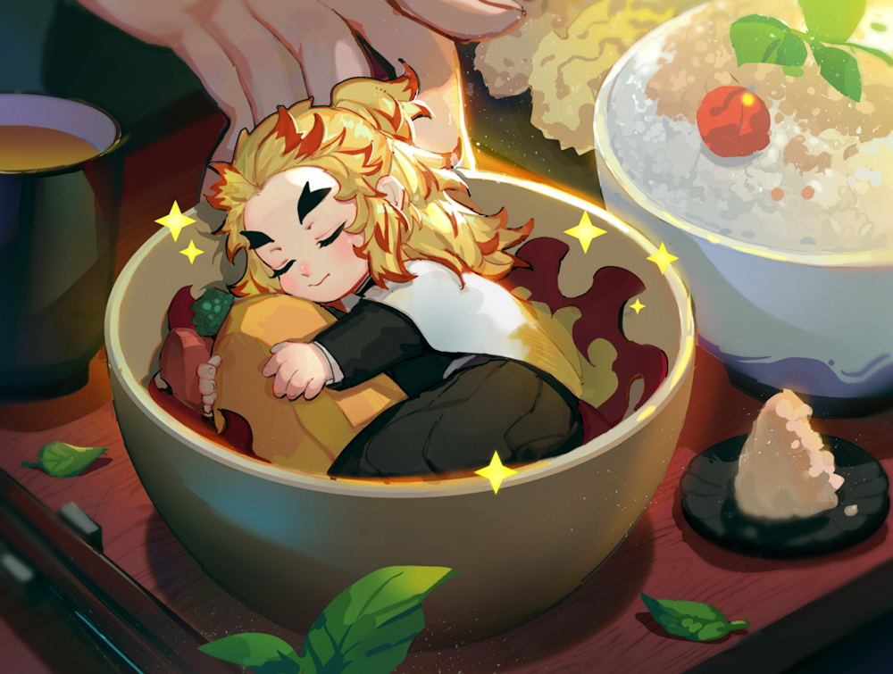 1boy black_pants blonde_hair bowl cape chibi closed_eyes closed_mouth colored_tips cup demon_slayer_uniform ecrsin flame_print food forked_eyebrows half_updo in_bowl in_container kimetsu_no_yaiba leaf light_particles long_hair long_sleeves male_focus miniboy multicolored_hair object_hug out_of_frame pants plate plume print_cape redhead rengoku_kyoujurou rice_bowl sleeping solo_focus sparkle streaked_hair tea tray white_cape yunomi