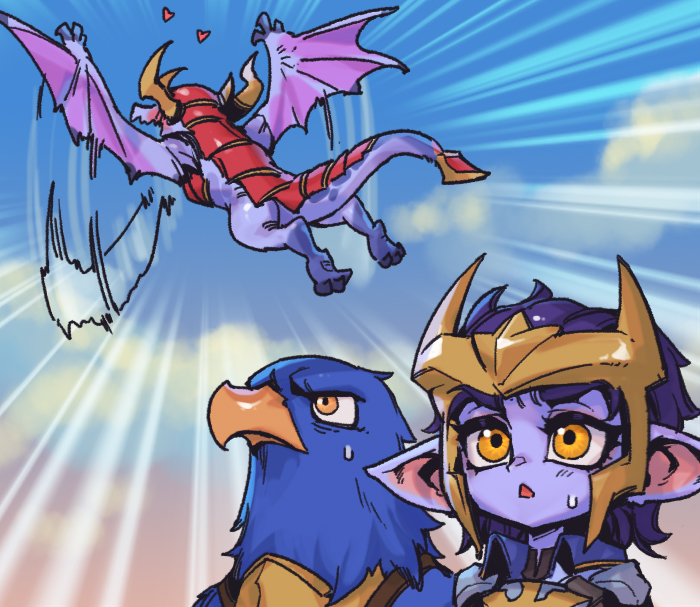 1girl :o alternate_ears alternate_form animal armor bird clouds colored_skin dragon dragon_tail flying heart horns league_of_legends open_mouth phantom_ix_row pink_skin pointy_ears quinn_(league_of_legends) red_armor shoulder_armor shyvana sky sweatdrop tail valor_(league_of_legends) wings yordle