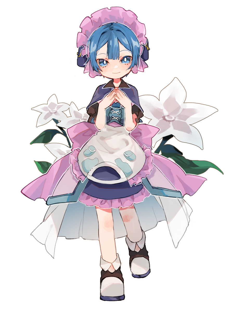 1boy apron bangs blue_capelet blue_corset blue_eyes blue_hair blunt_bangs bonnet capelet collared_capelet corset crossdressing flower frilled_apron frills full_body hands_up layered_skirt leg_up looking_at_viewer made_in_abyss male_focus maruruk otoko_no_ko outline pink_headwear qiuyeu sandals short_hair simple_background skirt smile socks solo standing steepled_fingers straight-on white_apron white_background white_flower white_outline white_skirt white_socks
