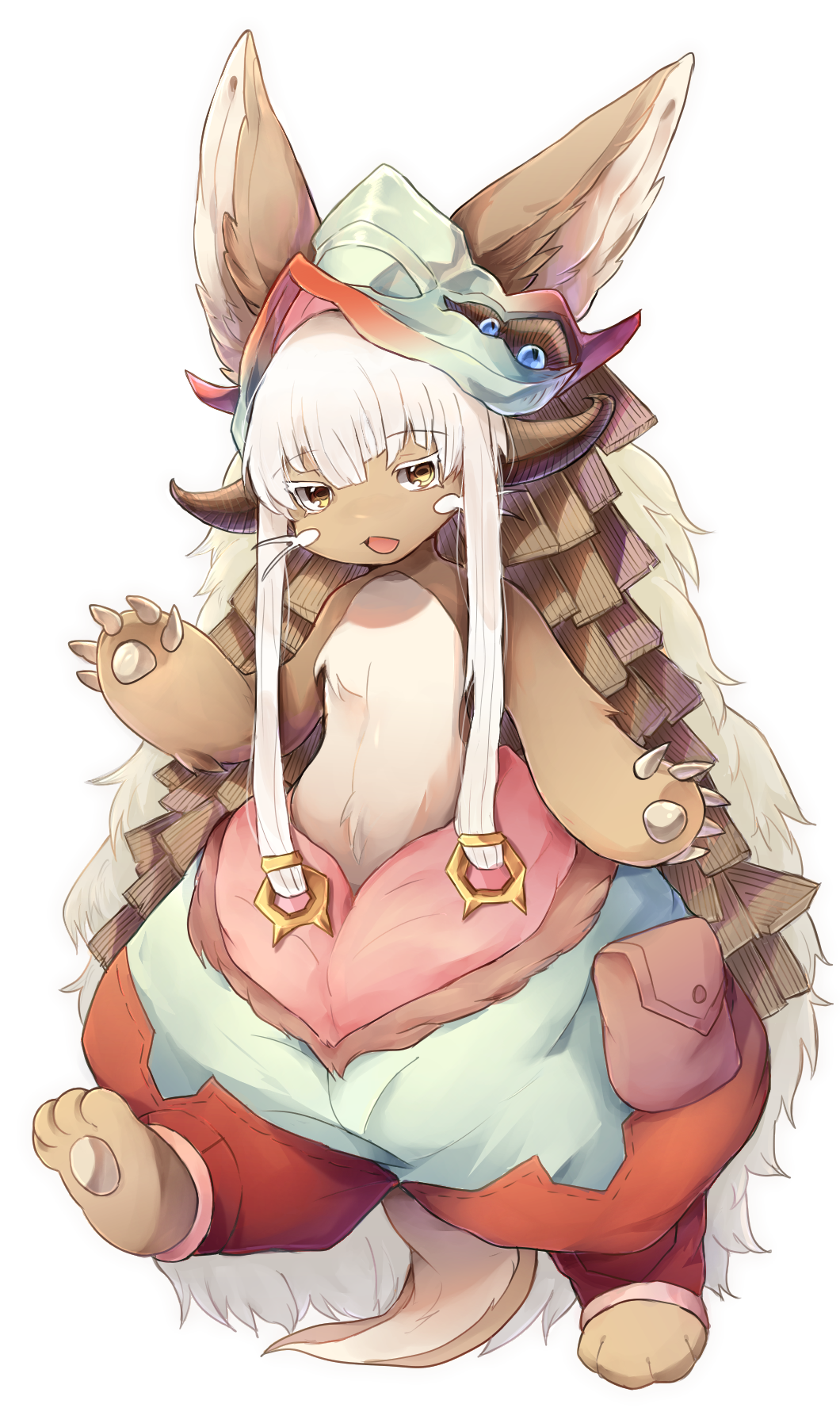 1other androgynous animal_ears bangs barefoot blunt_bangs chinese_commentary claws colored_eyelashes commentary_request fake_horns full_body furry hand_up helmet highres horizontal_pupils horned_helmet horns leg_up looking_at_viewer made_in_abyss nanachi_(made_in_abyss) open_mouth pouch rabbit_ears short_hair_with_long_locks shorts shui_miao simple_background solo standing standing_on_one_leg whiskers white_background white_hair yellow_eyes