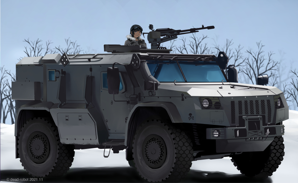 1girl black_hair blue_sky dead-robot ground_vehicle gun heavy_machine_gun kamaz_typhoon-vdv looking_at_viewer machine_gun military military_vehicle motor_vehicle original outdoors scenery short_hair sky snow tree truck vehicle_focus weapon winter