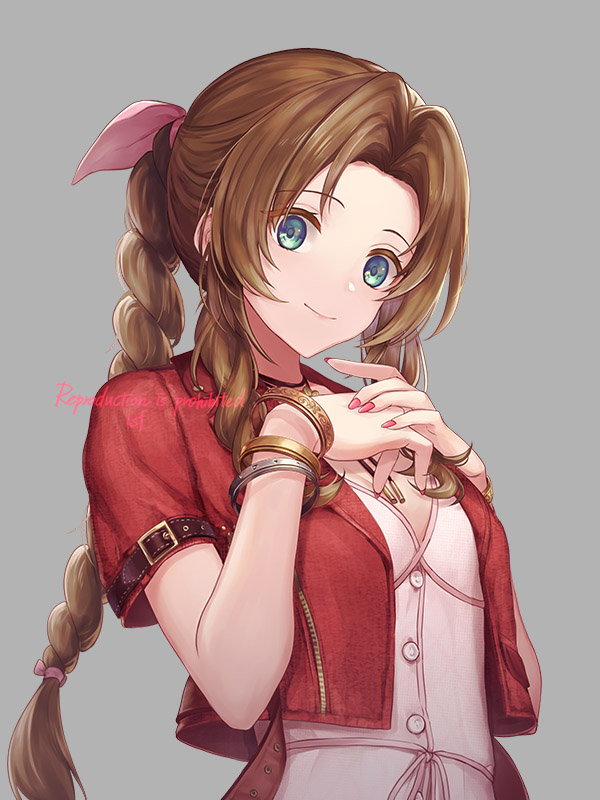 1girl aerith_gainsborough arm_belt bangle bangs bracelet braid braided_ponytail breasts brown_hair buttons choker cropped_jacket dress final_fantasy final_fantasy_vii final_fantasy_vii_remake green_eyes grey_background hair_ribbon hands_on_own_chest jacket jewelry long_hair looking_at_viewer medium_breasts nail_polish own_hands_together parted_bangs pink_dress pink_nails pink_ribbon red_jacket ribbon sasanomesi short_sleeves sidelocks smile solo upper_body wavy_hair