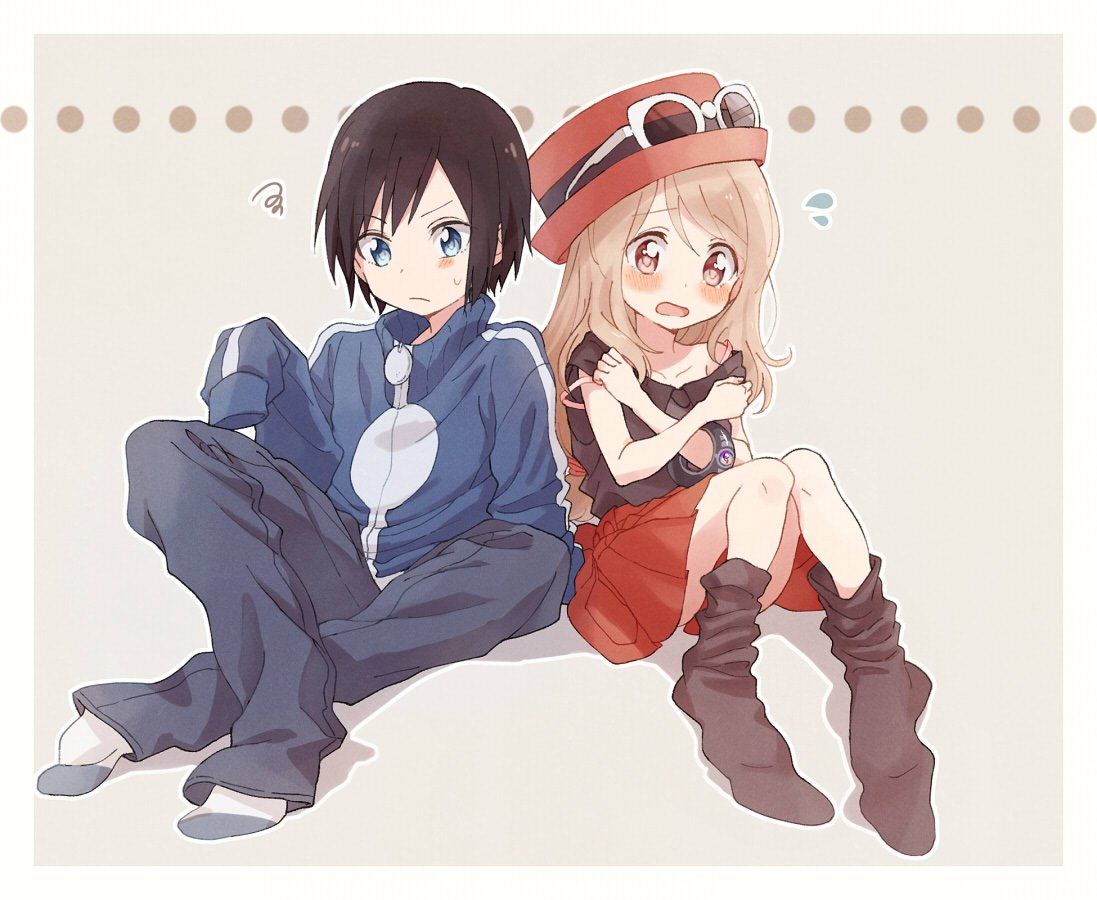 1boy 1girl bad_id bad_twitter_id black_hair blonde_hair blue_jacket blush calem_(pokemon) collarbone collared_shirt eyewear_on_headwear hand_up high-waist_skirt jacket long_hair long_sleeves oversized_clothes pleated_skirt pokemon pokemon_(game) pokemon_xy red_skirt serena_(pokemon) shirt sitting skirt squiggle sunglasses sweat thigh-highs yairo_(sik_s4) younger