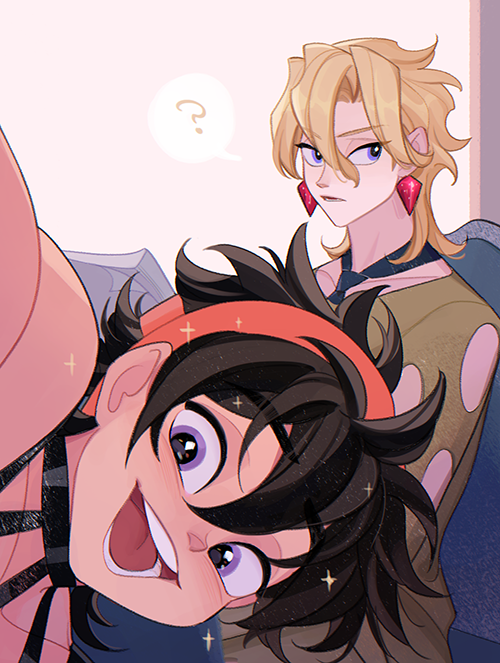 2boys :d ? arm_up bangs black_hair blonde_hair blush clothing_cutout couch earrings food-themed_earrings ginmu headband holding holding_paper jewelry jojo_no_kimyou_na_bouken leaning_to_the_side long_hair looking_to_the_side male_focus messy_hair multiple_boys narancia_ghirga necktie on_couch open_mouth pannacotta_fugo paper paper_stack selfie sitting smile sparkle spoken_question_mark strawberry_earrings tank_top vento_aureo violet_eyes