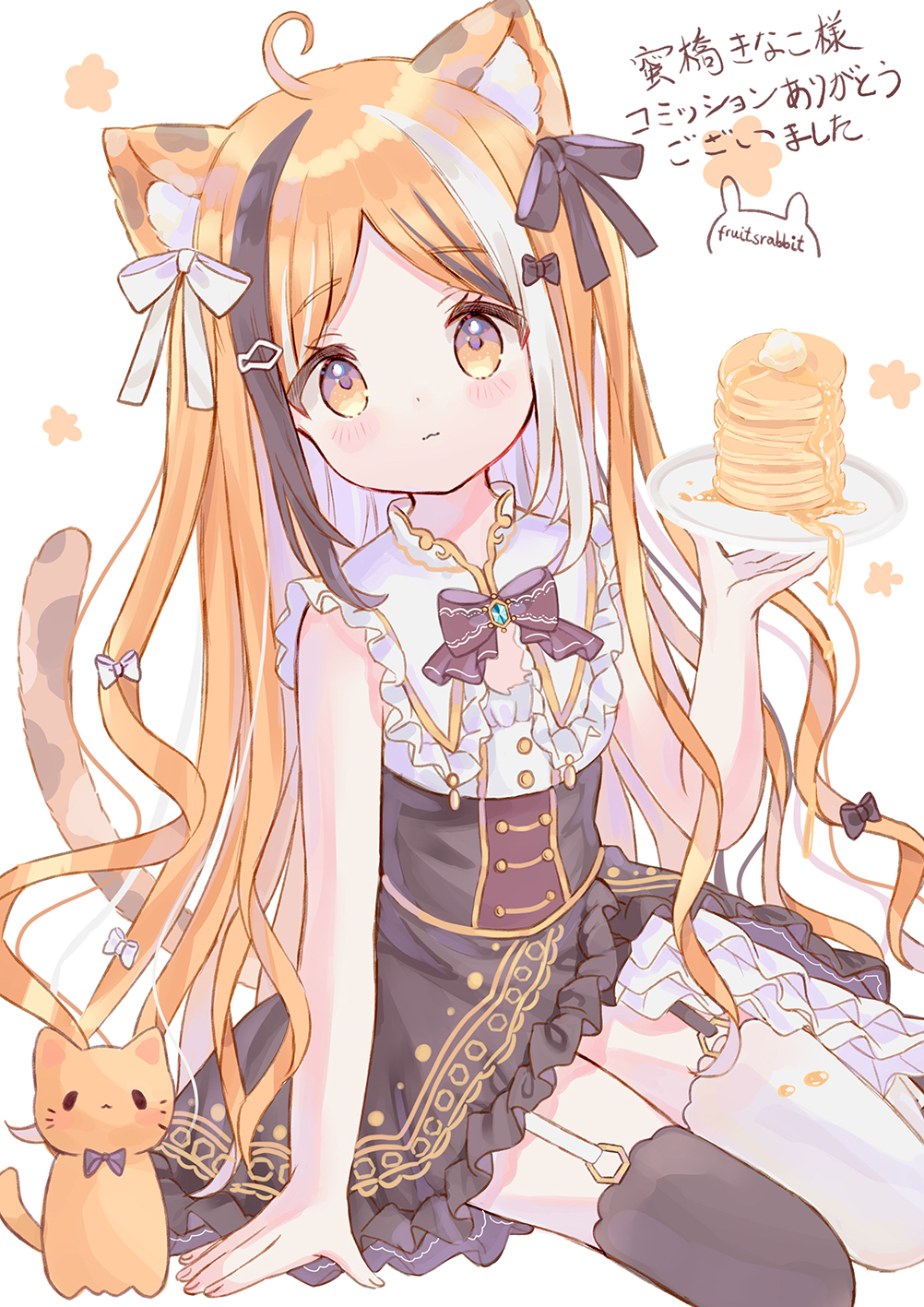 1girl :3 ahoge animal_ears artist_name bangs black_dress black_hair black_thighhighs blonde_hair blush bow bowtie butter buttons cat cat_ears cat_girl cat_tail closed_mouth commission dress food frilled_dress frills fruitsrabbit garter_straps gold_trim hair_bow highres holding holding_plate long_hair looking_at_viewer multicolored_hair original pancake pancake_stack parted_bangs plate purple_bow purple_bowtie simple_background sitting skeb_commission solo spill streaked_hair syrup tail thigh-highs two-tone_dress wavy_hair whiskers white_background white_bow white_dress white_hair white_thighhighs yellow_eyes