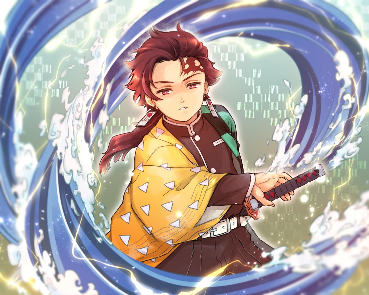 1boy alternate_universe asymmetrical_clothes black_jacket blurry checkered_clothes coat cowboy_shot demon_slayer_uniform depth_of_field earrings electricity fighting_stance green_coat hair_slicked_back haori jacket japanese_clothes jewelry kamado_tanjirou katana kimetsu_no_yaiba long_hair long_sleeves looking_at_viewer low_ponytail male_focus miyanochiy parted_lips ponytail ready_to_draw red_eyes redhead scar scar_on_face scar_on_forehead solo sword triangle_print water waves weapon yellow_coat