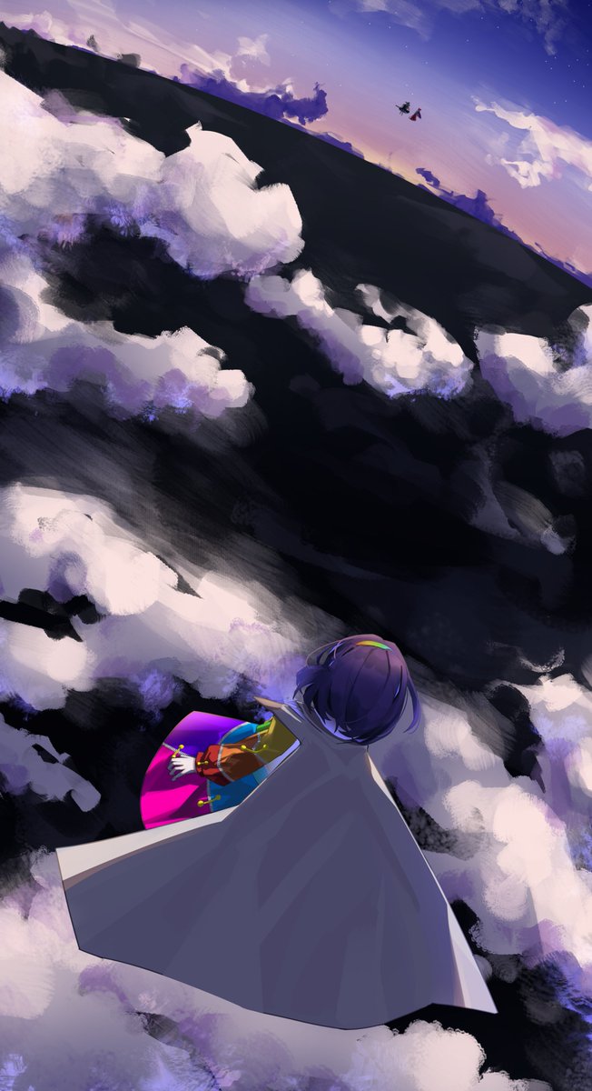 3girls cape clouds dauchimk_1 dawn floating from_behind hakurei_reimu highres kirisame_marisa multicolored_clothes multicolored_hairband multiple_girls patchwork_clothes purple_hair rainbow_gradient short_hair sky tenkyuu_chimata touhou white_cape zipper