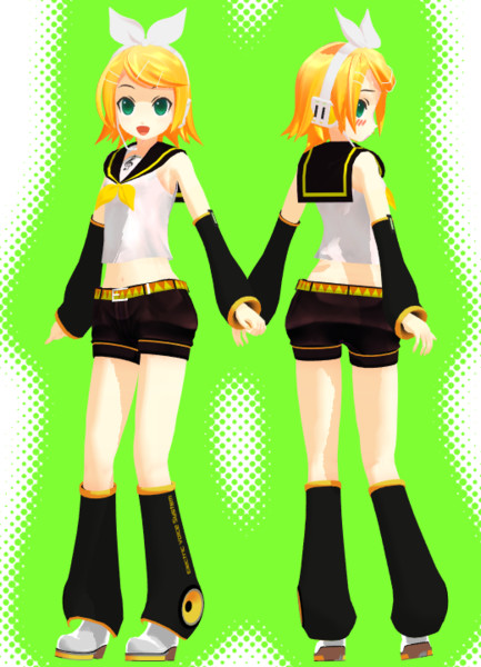 1girl 3d aqua_eyes artist_name back-to-back bangs bare_shoulders bass_clef belt black_shorts black_sleeves blonde_hair bow collared_shirt detached_leggings detached_sleeves from_side full_body grey_shorts grey_sleeves hair_bow hair_ornament hairclip headphones headset kagamine_len kagamine_rin leg_up looking_at_viewer midriff mikumikudance_(medium) multiple_persona nail_polish neckerchief necktie non-web_source number_tattoo official_art open_mouth sailor_collar school_uniform shirt short_hair short_ponytail short_shorts short_sleeves shorts shoulder_tattoo skinny sleeveless sleeveless_shirt smile solo source_request speaker spiky_hair standing swept_bangs tattoo transparent_background treble_clef vocaloid vocaloid_boxart_pose white_bow white_footwear white_shirt yellow_nails yellow_neckerchief yellow_necktie