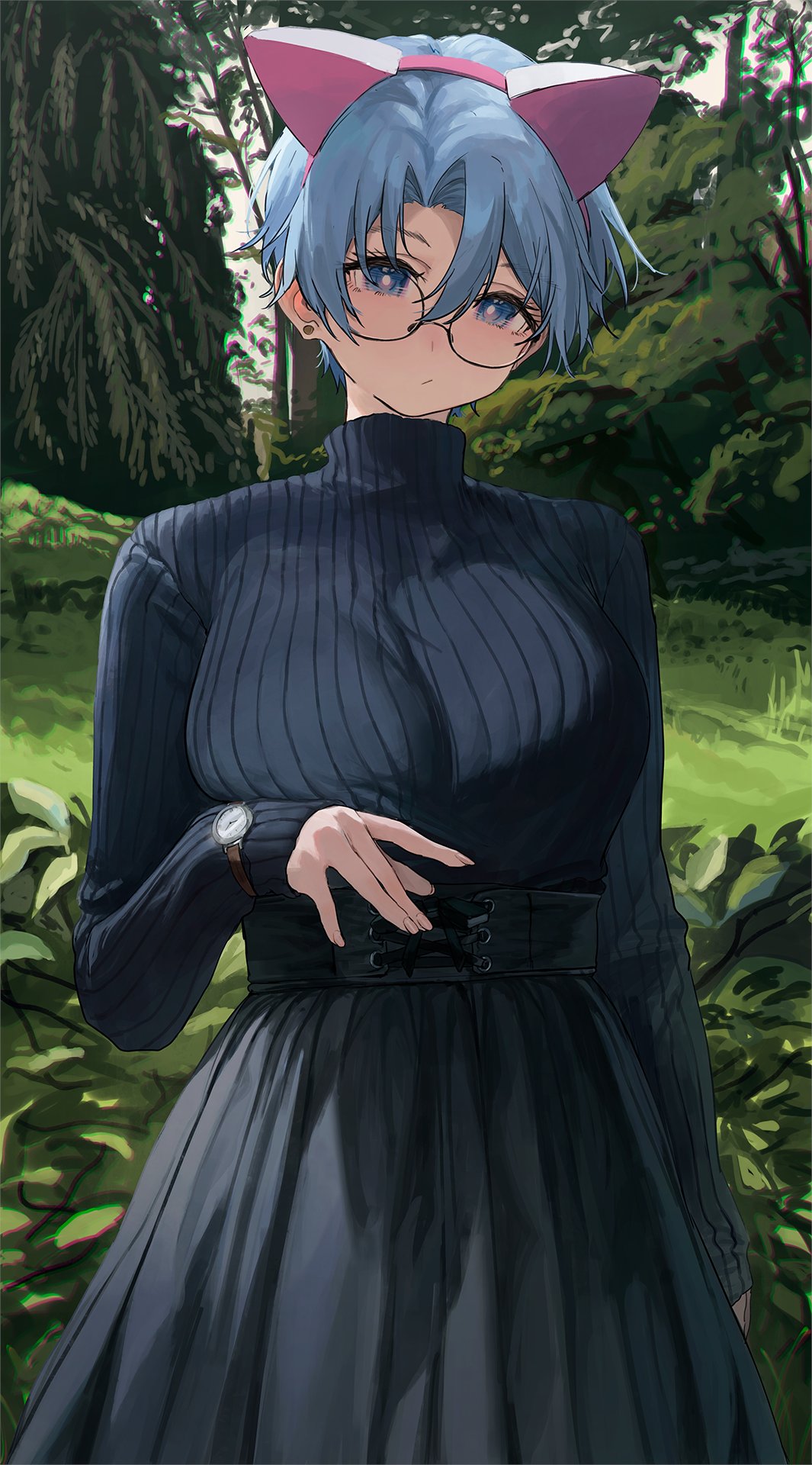 1girl animal_ears aochoku arm_at_side bangs black_skirt black_sweater blue_eyes blue_hair breasts cat_ears closed_mouth earrings fake_animal_ears glasses hairband hand_up high-waist_skirt highres jewelry large_breasts looking_at_viewer original outdoors parted_bangs round_eyewear skirt sleeves_past_wrists solo stud_earrings sweater sweater_tucked_in tree turtleneck turtleneck_sweater upper_body watch watch