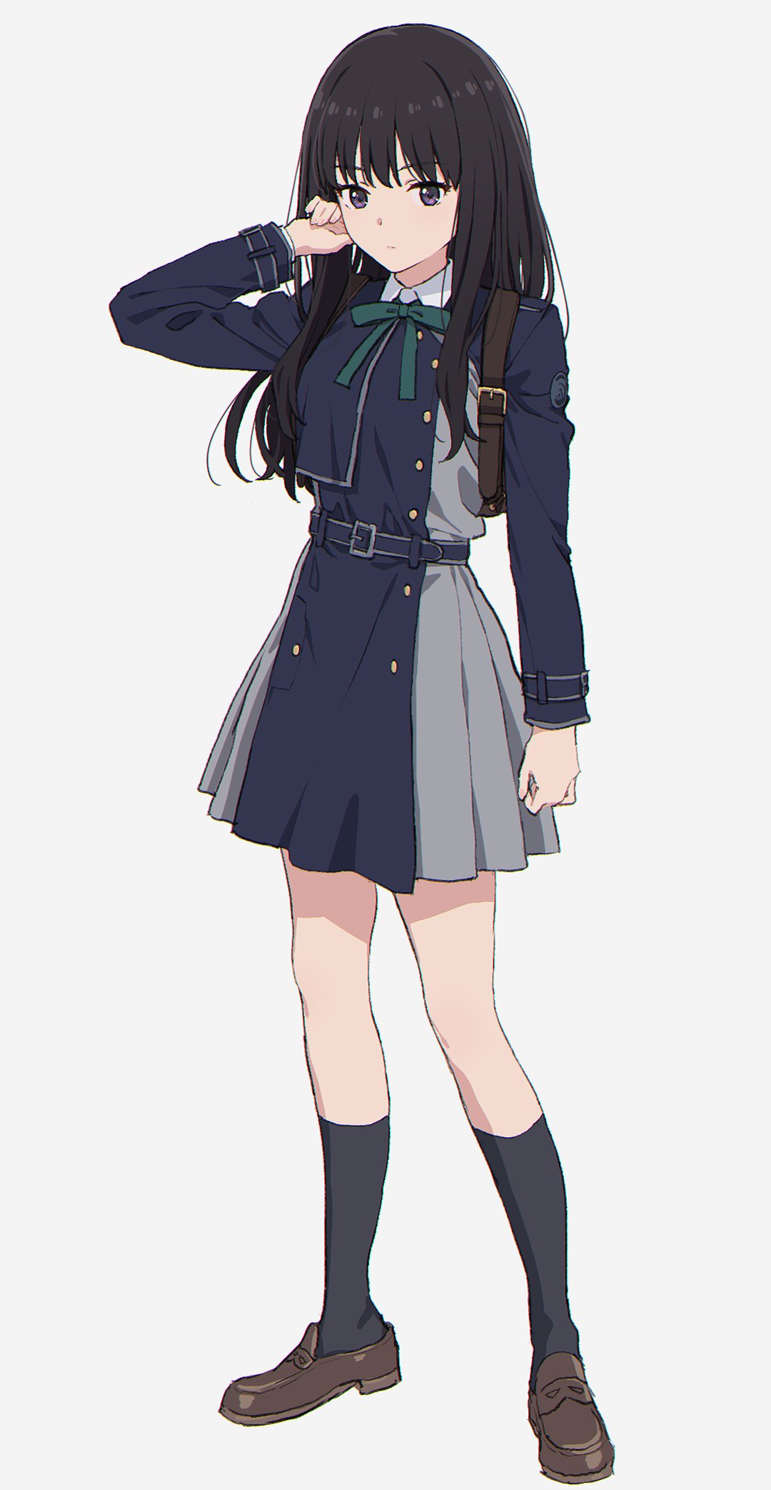 1girl backpack bag bangs belt black_hair black_socks blue_belt blue_dress brown_bag brown_footwear buttons closed_mouth collared_dress double-breasted dress full_body green_ribbon grey_background grey_dress highres inoue_takina kneehighs loafers long_hair long_sleeves lycoris_recoil mikazuchi_zeus neck_ribbon pleated_dress ribbon school_uniform shoes sidelocks simple_background socks solo standing two-tone_dress violet_eyes