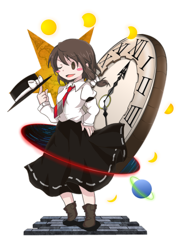 1girl asymmetrical_hair black_skirt boots brown_eyes brown_hair clock denciu hat holding holding_clothes holding_hat map moon_phases necktie one_eye_closed planet roman_numeral saturn_(planet) shirt short_hair skirt solo space star_(symbol) touhou usami_renko white_shirt