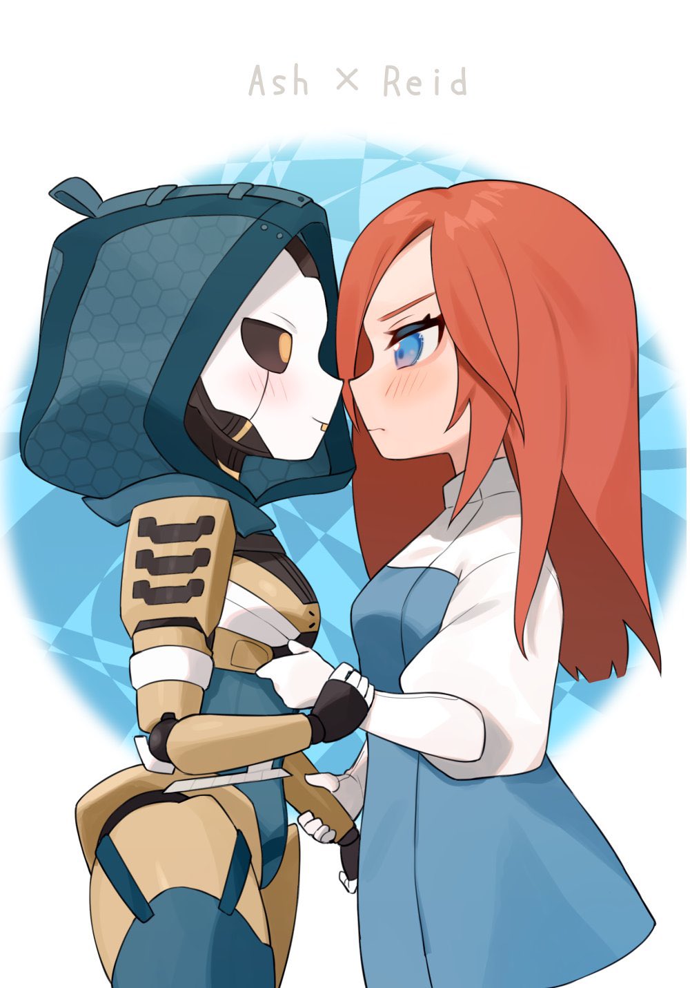 2girls android apex_legends ash_(titanfall_2) ashleigh_reid black_sclera blue_dress blue_eyes blue_leotard blush breasts colored_sclera dress dual_persona from_side highres holding_another's_arm hood hood_up hooded_leotard leotard long_hair medium_breasts metal_skin multiple_girls nagoooon_114 orange_eyes orange_hair simulacrum_(titanfall)