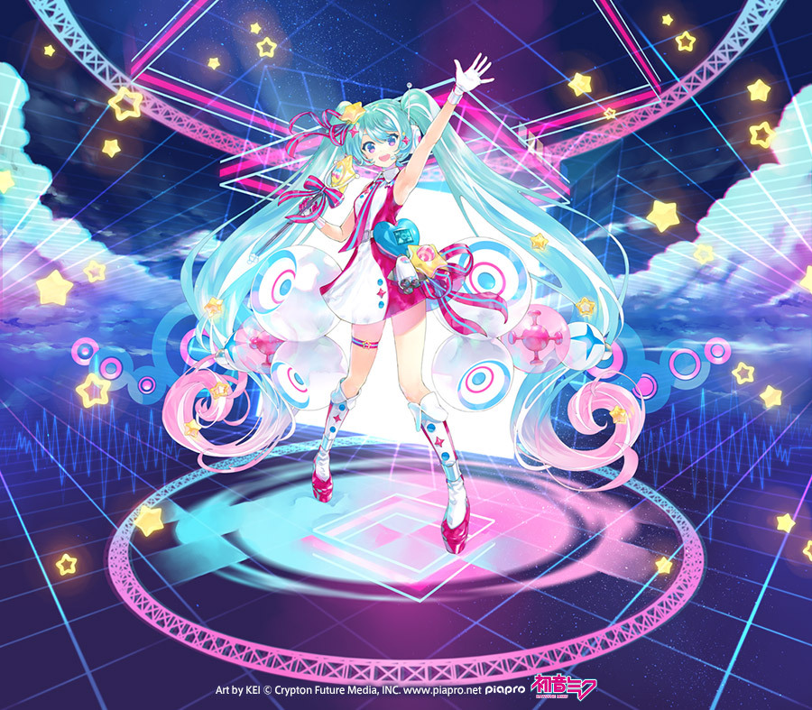 1girl absurdly_long_hair aqua_hair artist_name blue_bow blue_eyes blue_necktie boots bow character_name collared_dress copyright copyright_name dress full_body gloves gradient_eyes hair_between_eyes hatsune_miku headset long_hair magical_mirai_(vocaloid) magical_mirai_miku multicolored_eyes multicolored_hair necktie neon_palette official_art open_mouth pink_bow pink_dress pink_eyes pink_footwear pink_gloves pink_hair pink_necktie platform_boots platform_footwear second-party_source sidelocks sleeveless smile solo standing star_(symbol) thigh_strap twintails two-tone_bow two-tone_gloves two-tone_necktie very_long_hair vocaloid waving white_footwear white_gloves white_hair