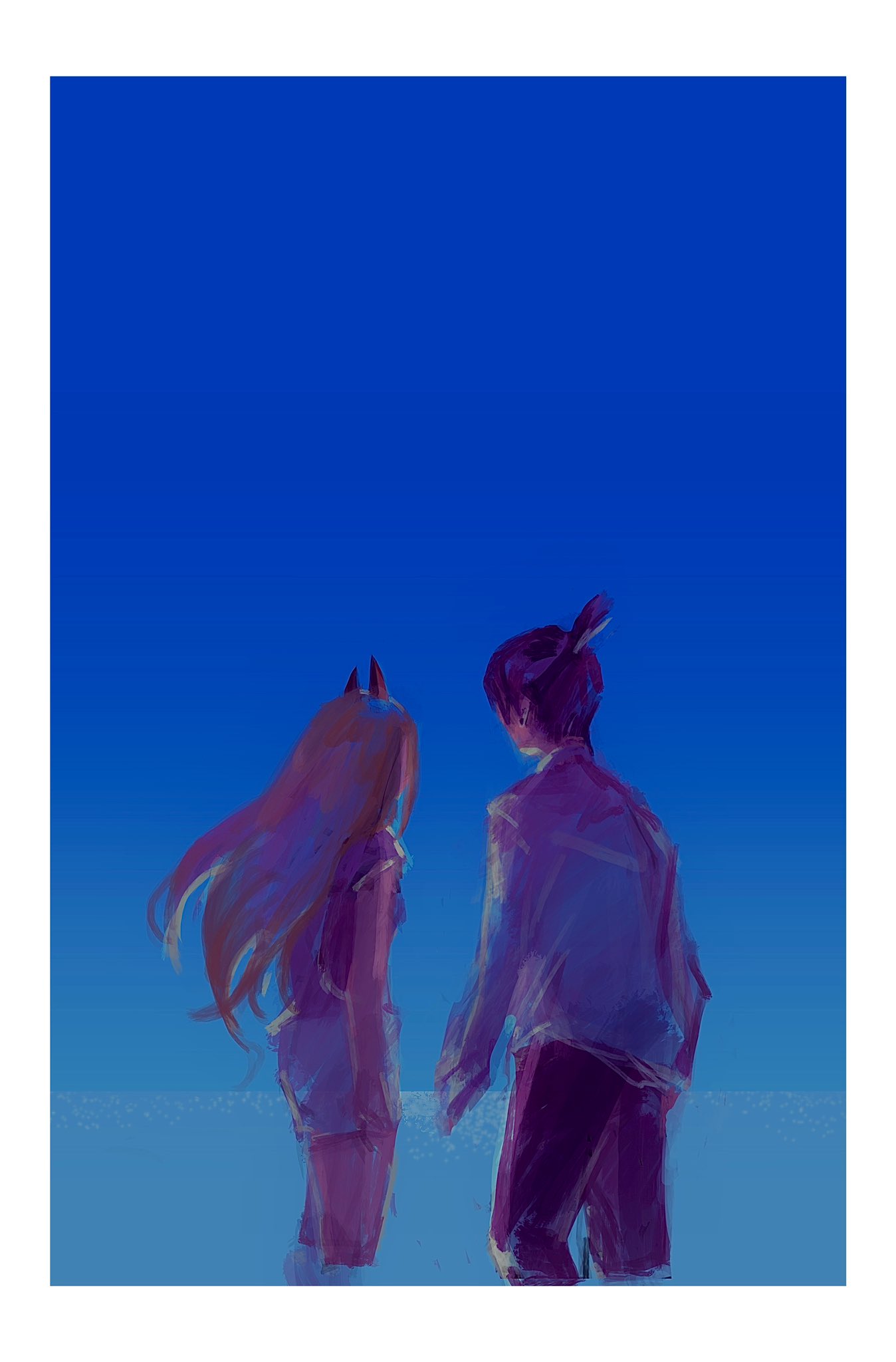 1boy 1girl blue_sky brown_hair chainsaw_man earrings gradient gradient_sky hayakawa_aki highres horns jewelry long_hair nangokuniikitai ocean painterly ponytail power power_(chainsaw_man) purple_hair red_horns shirt_tucked_in sky wading water