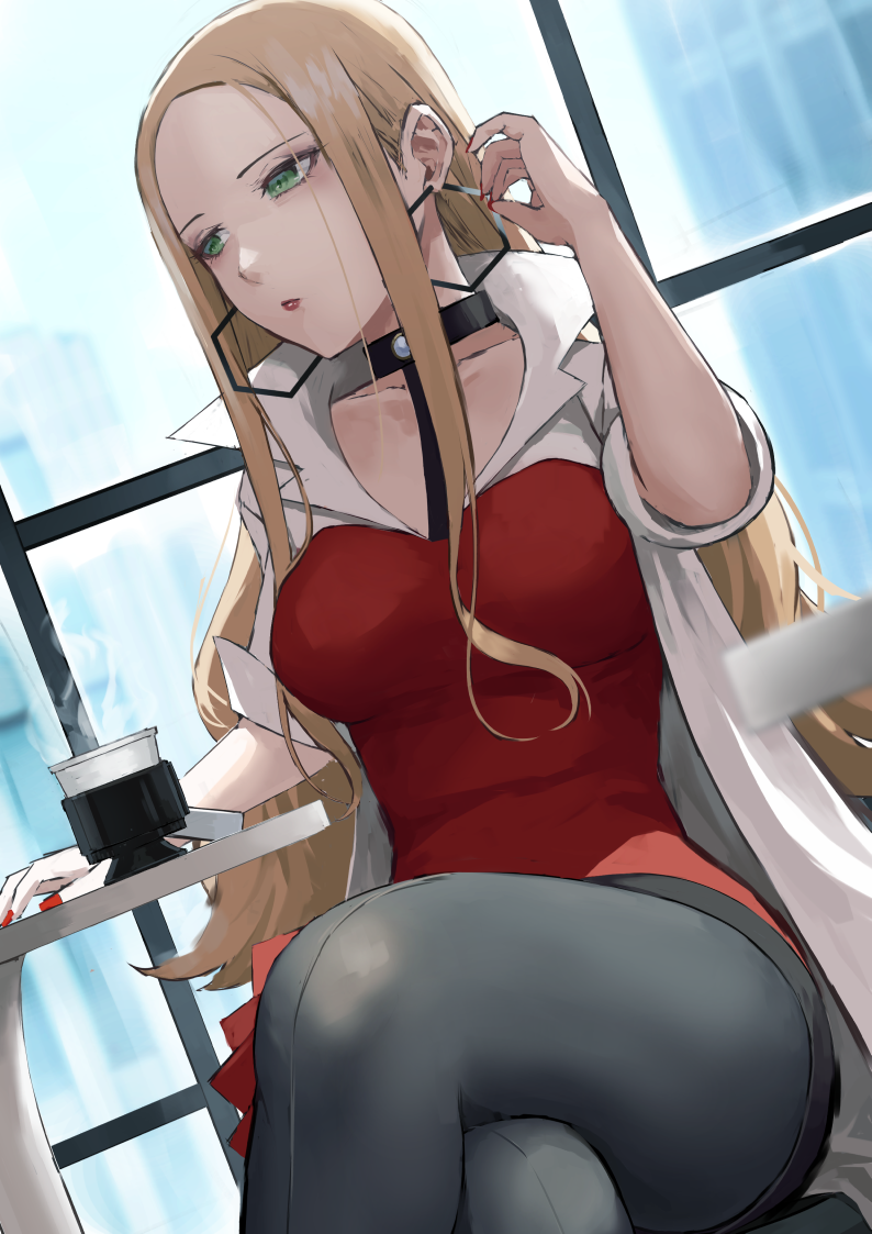 1girl black_choker blonde_hair blurry breasts choker closed_mouth coat collarbone commentary_request crossed_legs cup earrings fagi_(kakikaki) green_eyes grey_pantyhose hand_up hoop_earrings jewelry long_hair looking_to_the_side oleana_(pokemon) pantyhose pokemon pokemon_(game) pokemon_swsh red_lips red_nails red_shirt shirt sitting solo steam table white_coat