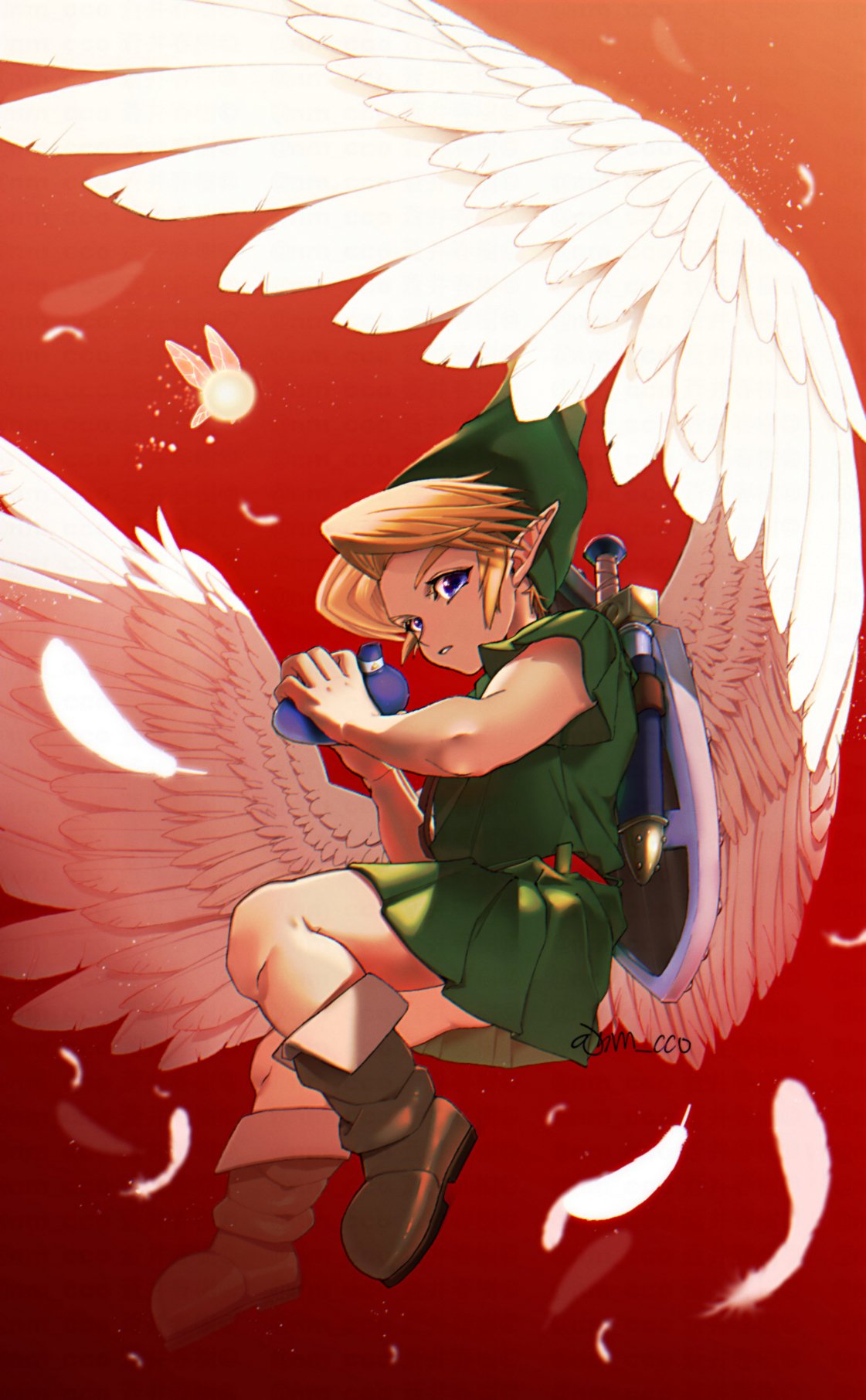 1boy bare_arms belt blonde_hair blue_eyes boots brown_footwear falling_feathers full_body green_headwear green_tunic highres holding holding_instrument instrument link looking_at_viewer male_focus navi nm_cco parted_lips pointy_ears red_background shield short_hair sword the_legend_of_zelda the_legend_of_zelda:_majora's_mask weapon weapon_on_back white_wings wings