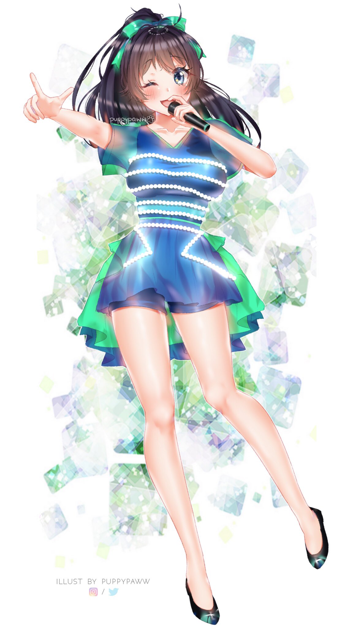 1girl abe_mikiko_(rc_f) bangs black_hair blue_dress blue_eyes blue_shorts blush borrowed_character breasts collarbone commission dress green_dress hair_ribbon highres holding holding_microphone idol large_breasts long_hair looking_at_viewer microphone multicolored_clothes multicolored_ribbon music one_eye_closed original puppypaww ribbon shoes short_shorts short_sleeves shorts shorts_under_dress simple_background singing solo