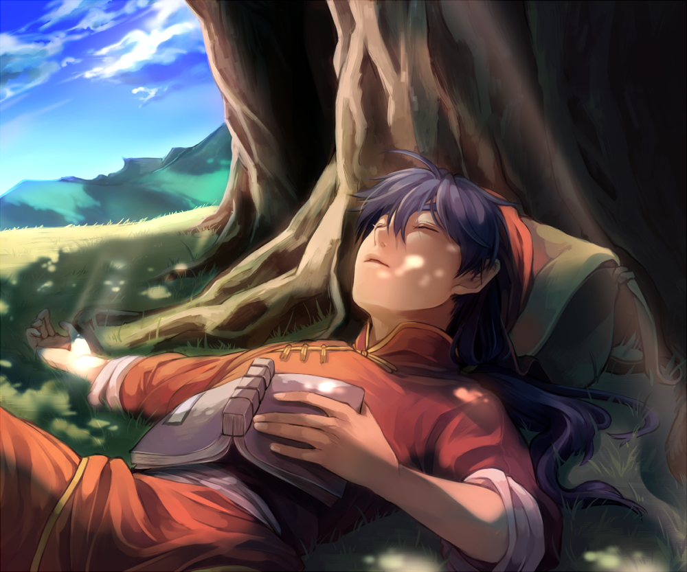 1boy bandana bangs book chinese_clothes chuuka_ichiban! closed_eyes clouds dappled_sunlight day grass hair_between_eyes liu_mao_xing long_hair long_sleeves low_ponytail lying male_focus mikura0319 mountainous_horizon nature on_back on_ground open_book outdoors outstretched_arm pants parted_lips ponytail purple_hair red_headwear red_pants red_shirt sash shirt sky sleeping sleeves_rolled_up solo sunlight tangzhuang toggles tree under_tree upper_body