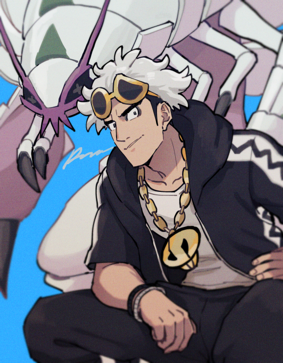 1boy black_hair black_jacket black_pants blue_background blurry commentary_request eyewear_on_head golisopod guzma_(pokemon) hand_on_hip hood hooded_jacket jacket male_focus multicolored_hair pants parted_lips pokemon pokemon_(creature) pokemon_(game) pokemon_sm sagemaru-br shirt short_sleeves signature sunglasses team_skull two-tone_hair undercut white_hair white_shirt yellow-framed_eyewear