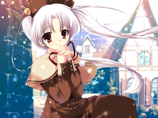 beret brown_dress brown_eyes brown_headwear buckle capelet dress happy hat long_hair long_sleeves mikeou original own_hands_clasped own_hands_together pom_pom_(clothes) red_ribbon ribbon snowing twintails white_hair wind winter_clothes