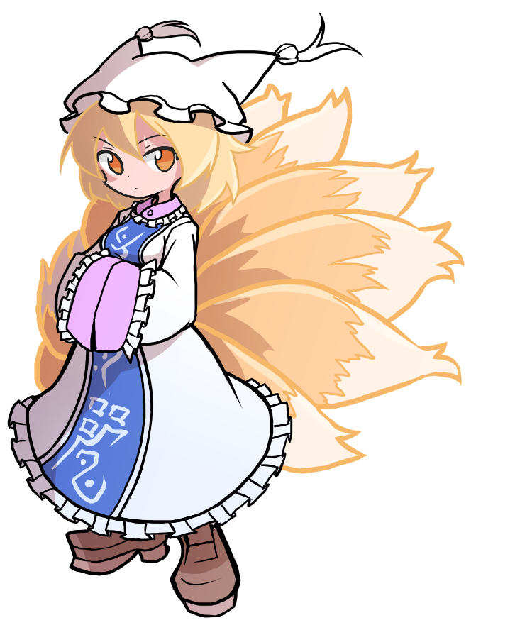 1girl blonde_hair brown_footwear closed_mouth dress fox_tail full_body hands_in_opposite_sleeves hat kitsune long_sleeves multiple_tails pillow_hat puyopuyo shinmon_akika short_hair simple_background solo standing tabard tail touhou white_background white_dress white_headwear yakumo_ran yellow_eyes