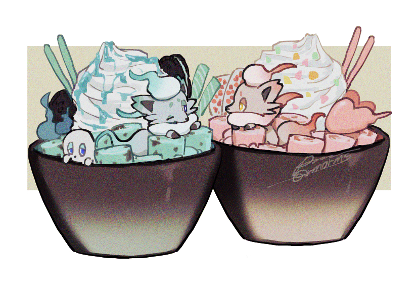 bowl commentary_request eye_contact food half-closed_eyes hisuian_zorua ice_cream looking_at_another no_humans one_eye_closed pokemon pokemon_(creature) sagemaru-br signature yellow_eyes