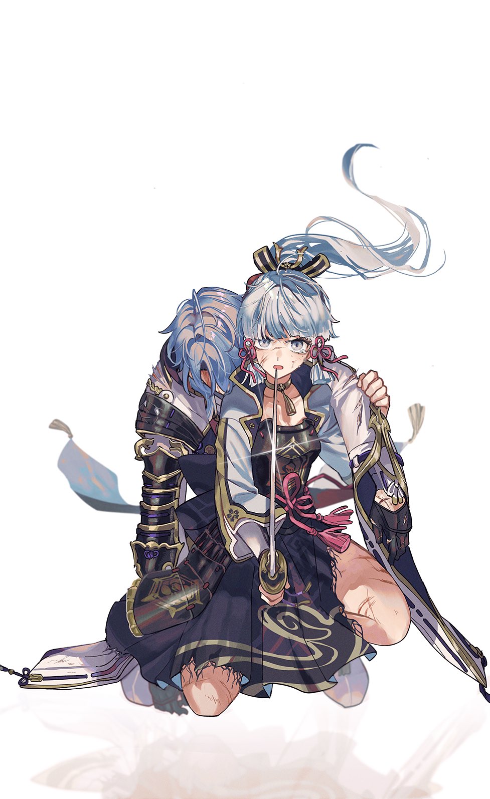1boy 1girl armor bangs black_gloves blue_hair blunt_bangs brother_and_sister choker commentary_request cuts genshin_impact gloves gurugnsn hair_ribbon highres holding holding_sword holding_weapon injury japanese_armor japanese_clothes kamisato_ayaka kamisato_ayato long_hair looking_at_viewer mole mole_under_eye one_knee open_mouth pink_ribbon ponytail ribbon siblings sidelocks simple_background sword tassel tears torn_clothes weapon white_background yellow_choker
