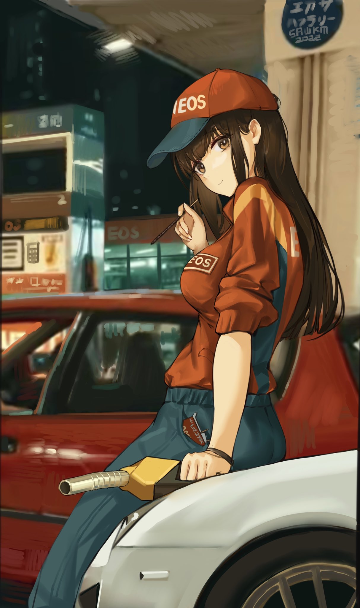 1girl arm_up baseball_cap brown_eyes brown_hair car food from_side gas_pump gas_pump_nozzle gas_station ground_vehicle hat highres honda_civic jumpsuit lexus_lfa long_hair looking_at_viewer motor_vehicle original pocky product_placement red_shirt sawkm shirt sitting sitting_on_car