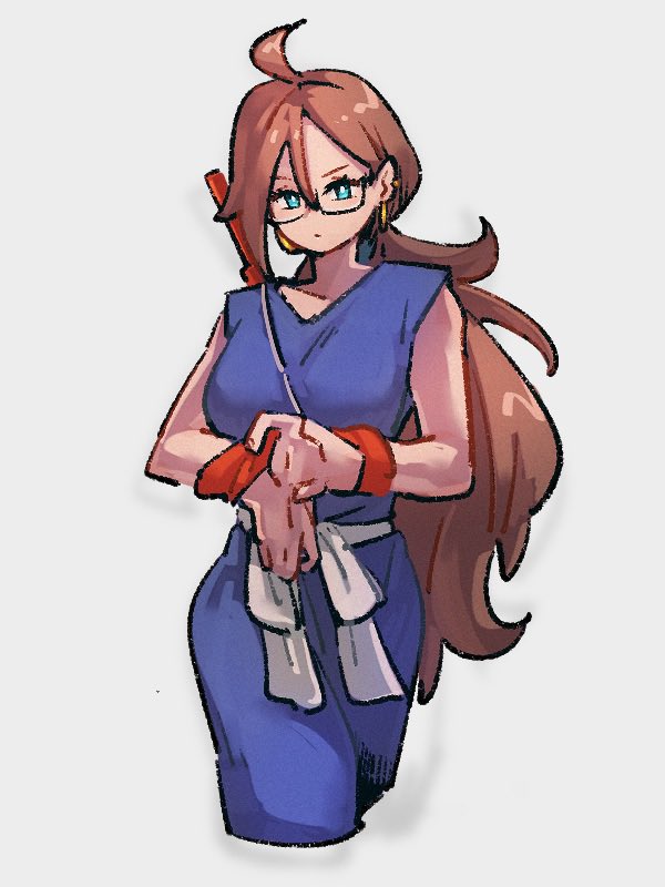 1girl alternate_hairstyle android_21 blue_eyes closed_mouth cosplay dragon_ball dragon_ball_(classic) dragon_ball_fighterz earrings grey_background hair_between_eyes jewelry kemachiku long_hair looking_at_viewer ponytail simple_background solo son_goku son_goku_(cosplay)