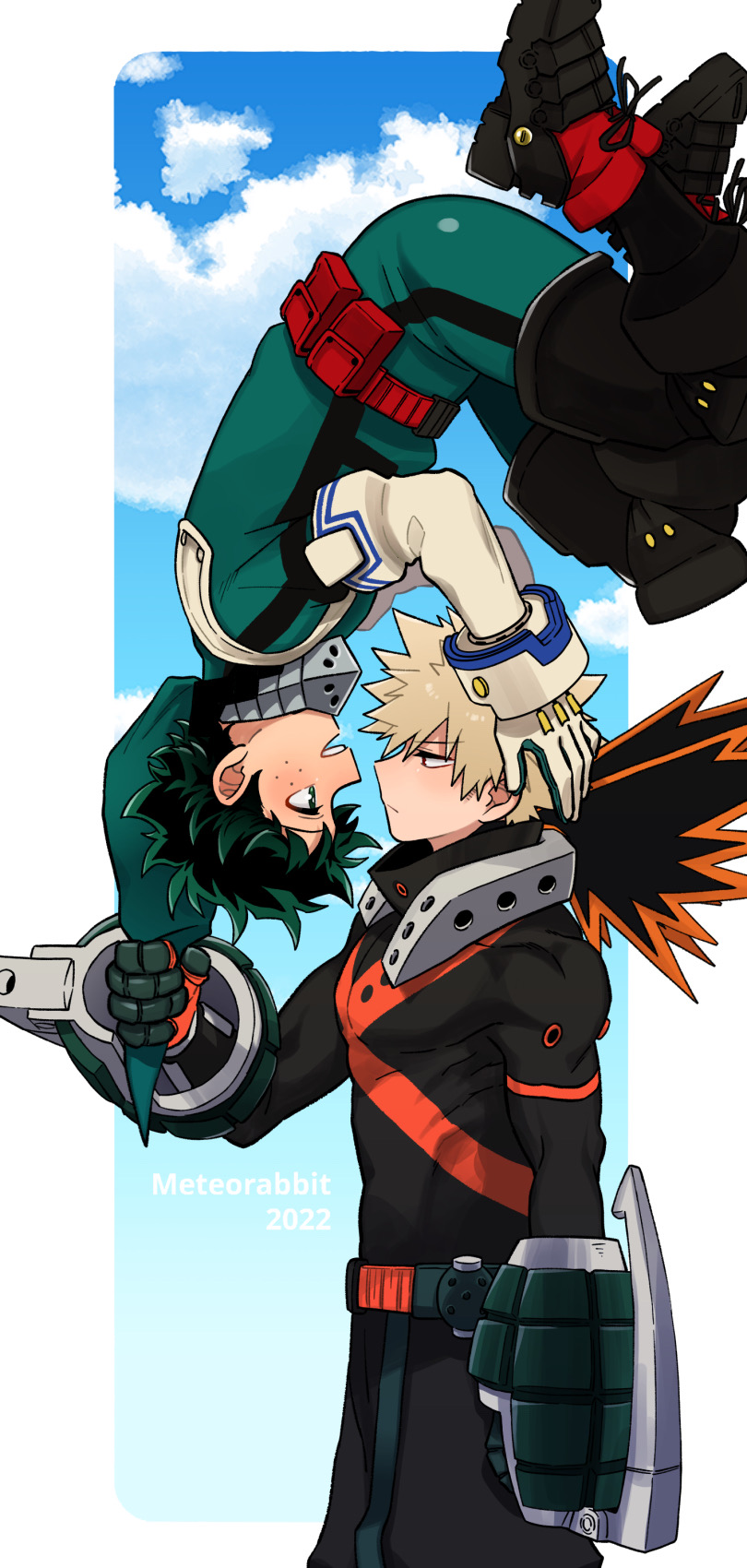 2boys artist_name bakugou_katsuki bangs belt black_bodysuit blonde_hair blue_sky bodysuit boku_no_hero_academia clothes_grab clouds explosive eye_contact face-to-face floating freckles from_side gloves green_bodysuit green_eyes green_gloves green_hair grenade hands_on_another's_head headgear high_collar highres holding hood hood_grab looking_at_another male_focus meteorabbit_(shion69) midair midoriya_izuku multiple_boys muscular muscular_male neck_brace official_alternate_costume open_mouth orange_gloves outside_border profile red_eyes short_hair sky smile spiky_hair teeth two-tone_gloves upper_teeth upside-down utility_belt