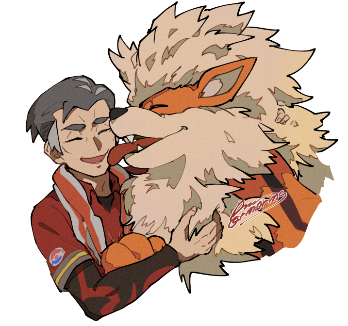 1boy :d arcanine closed_eyes collared_shirt commentary_request dog grey_hair kabu_(pokemon) licking licking_another's_face lower_teeth male_focus multicolored_hair open_mouth pokemon pokemon_(creature) pokemon_(game) pokemon_swsh sagemaru-br shirt short_sleeves signature smile teeth towel towel_around_neck two-tone_hair