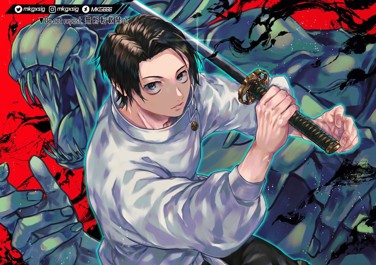 1boy black_hair blue_eyes deviantart_logo fingernails glint holding holding_sword holding_weapon instagram_logo jujutsu_kaisen katana looking_at_viewer male_focus monster okkotsu_yuuta open_mouth parted_lips sharp_teeth sirius_xe sword teeth tongue twitter_logo watermark weapon